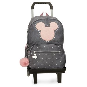 MOCHILA ESCOLAR DOBLE 44CM MICKEY STUDS CON CARRO