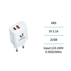 CARGADOR DUAL USB Y TIPO-C 3,0 20W CARGA RAPIDA BLANCO UNIC