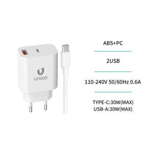 CARGADOR DUAL USB Y TIPO-C 30W CON CABLE CARGA RAPIDA UNICO
