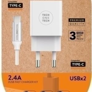 CARGADOR DOBLE BLANCO + CABLE BRAIDED NYLON TIPO USB-C ALTO