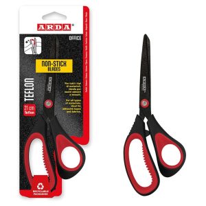 BLISTER TIJERA METALICA TEFLON 21 CM OFICINA COLOR ROJO