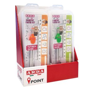 EXPOSITOR 6 SET GEOMETRIA REGLA 16CM + COMPAS COLORES SURTI